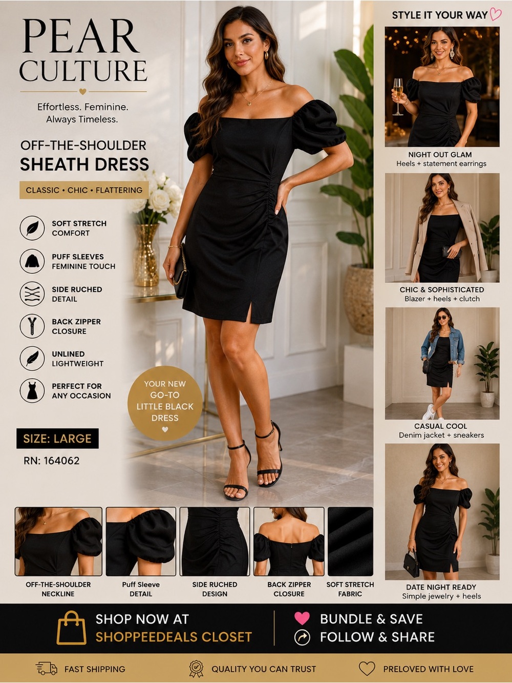Pear Culture Women’s Off-The-Shoulder Sheath Dress – Black – Size Large